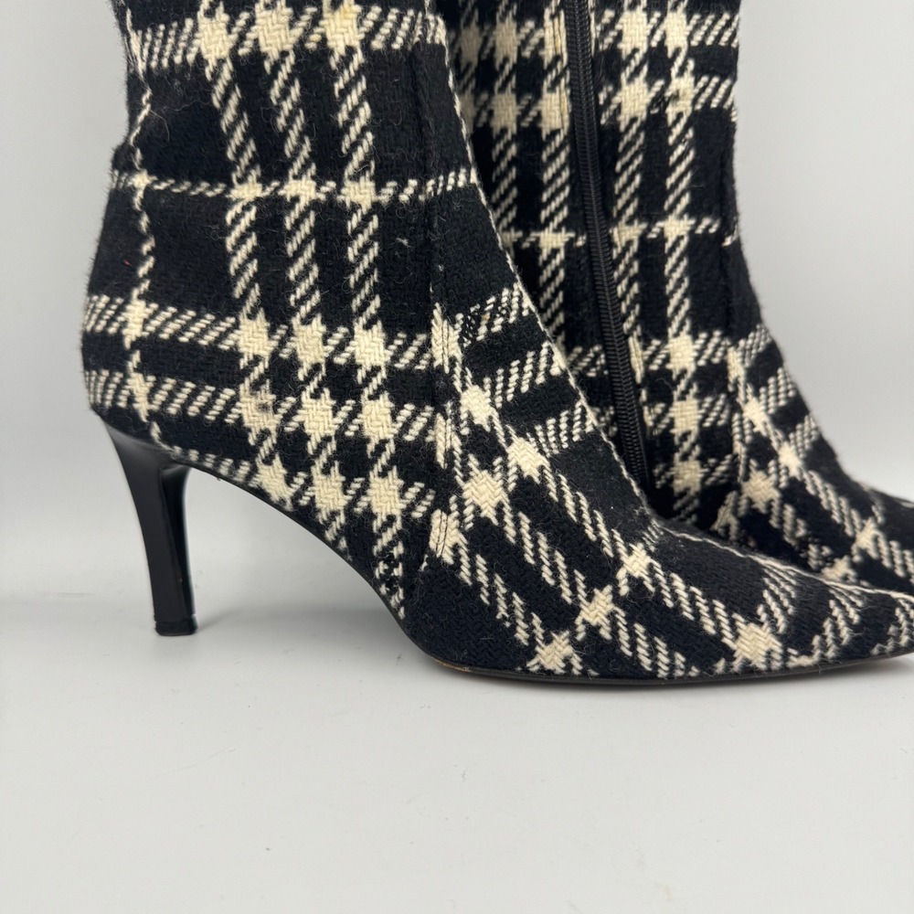 Burberry Boots 37 Black Plaid Wool Pointed Toe Stiletto Knee High Houndstooth - Picture 2 of 11
